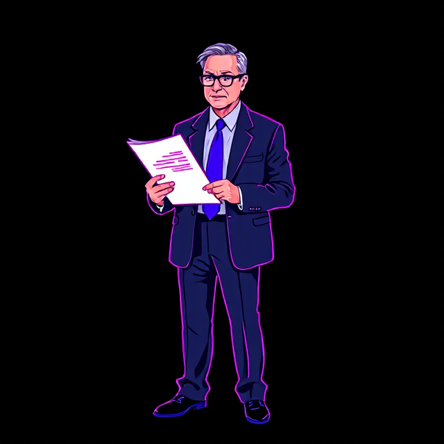 An official in a suit reading a printed transcript.